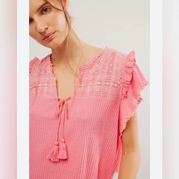 Free People Sarafina Top Boho Cottage Core Embroidered Flutter Crop Pink XL - Picture 2 of 15